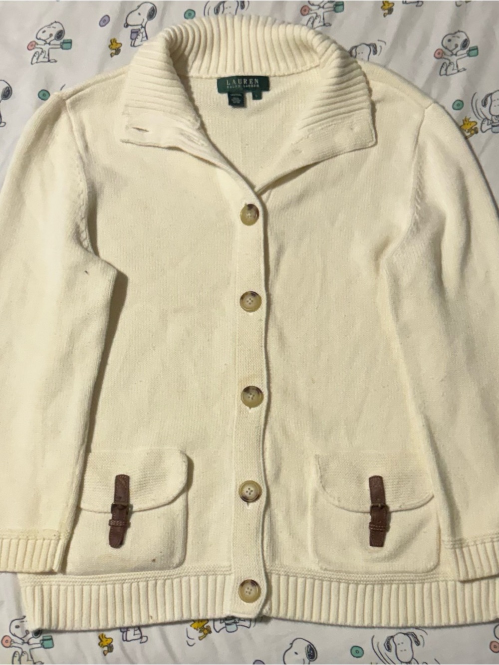 Ralph Lauren Cream Shawl-Collar Knit Cardigan with Brown Buckle Accents